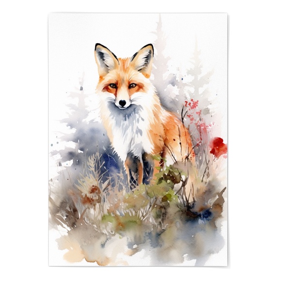 Watercolor Floral Red Fox Portrait Wall Art Illustration Print Poster Unframed - Picture 4 of 7